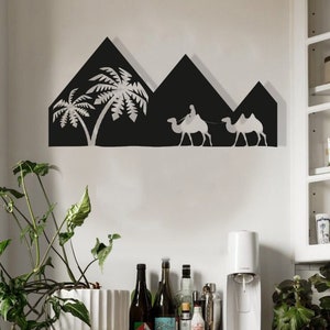 Ancient Egypt Wood Wall Art, Geometric Egyptian Desert Wall Decor Sign, 3D Wooden Wall Hanging of Pyramids, Palm Trees, Camels, Bedouins