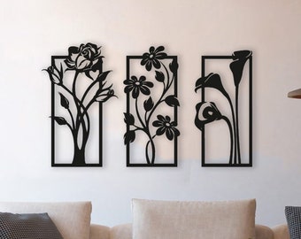 Flowers Out of Frame Wood Wall Art Set, Wall Decor Geometric Rose Camomile Lily, Framed Flowers Wooden Wall Hanging Daisy Daffodil