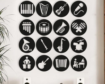 Musical Instruments: Piano, Harp, Cello, Violin, Microphone, Panflute, Snare Drum, Trumpet, Maracas, Flute, Sax, Drums, Guitar, Accordion