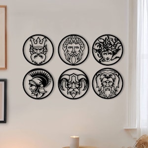 Mythical Gods Wood Wall Art, Greek Mythology Gods Wall Decor Sign, Wooden Wall Hanging of Zeus, Poseidon, Medus, Hades, Hercule, Ares