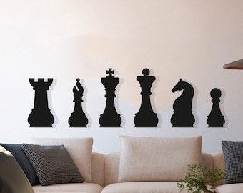 Chess Pieces Wood Wall Art Set of 6, Geometric Chess Wall Decor, 3D Minimalist Queens Gambit Wooden Wall Hanging, Gift for Chess Lovers