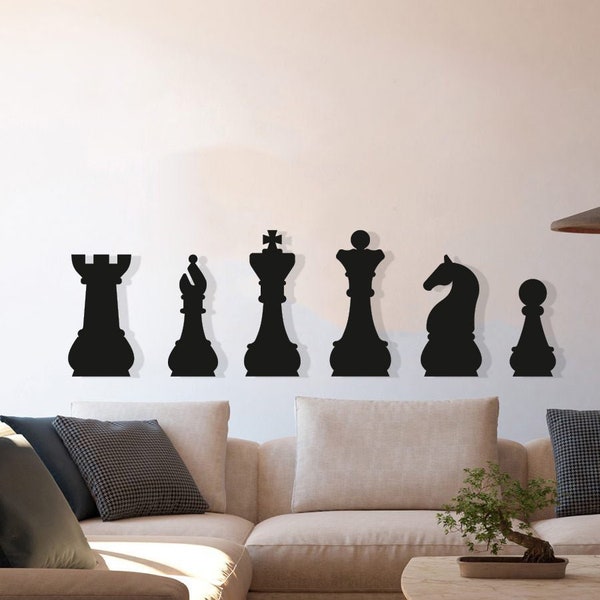 Chess Pieces Wood Wall Art Set of 6, Geometric Chess Wall Decor, 3D Minimalist Queens Gambit Wooden Wall Hanging, Gift for Chess Lovers