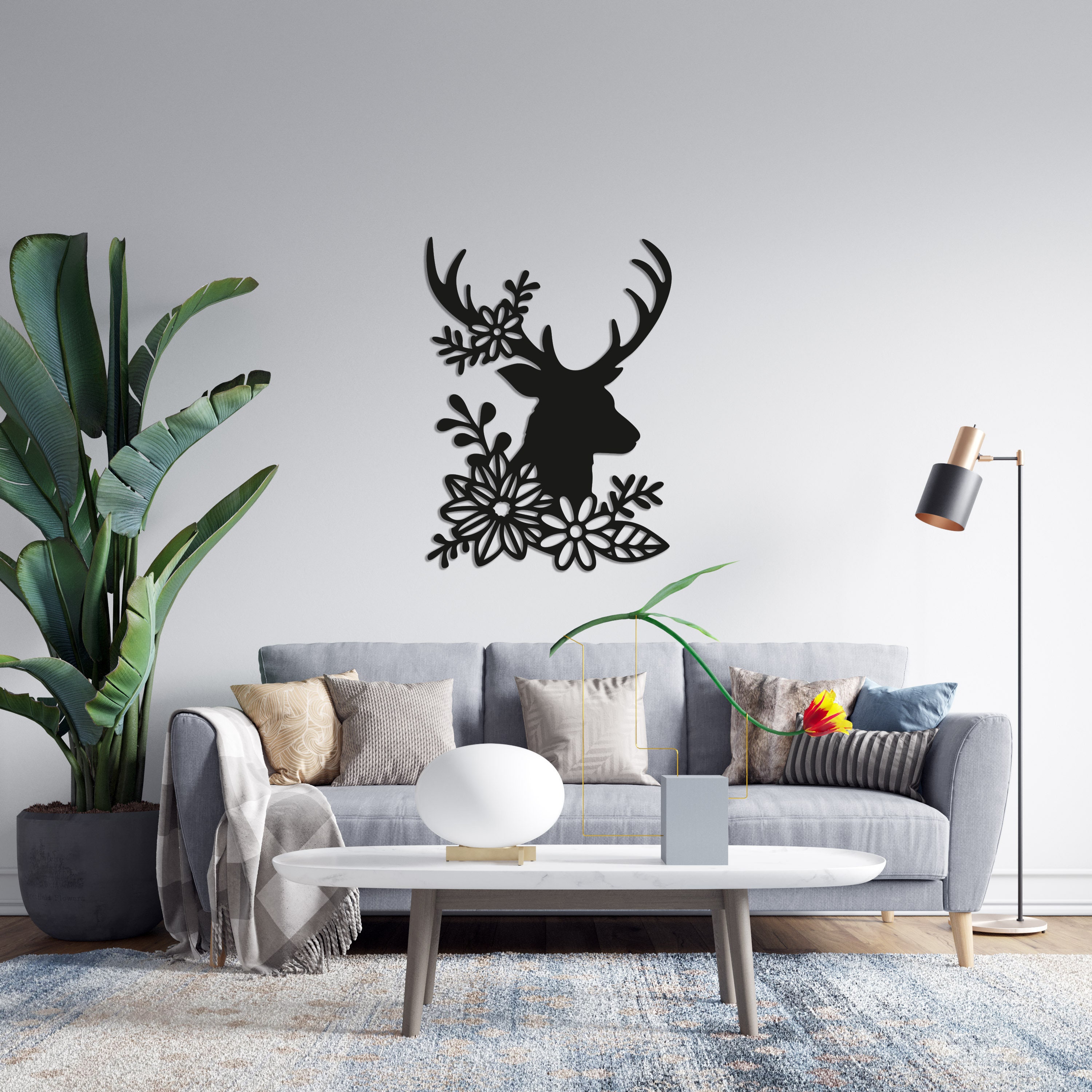 Floral Deer Wood Wall Art Wall Decor Geometric Animal Figure Etsy
