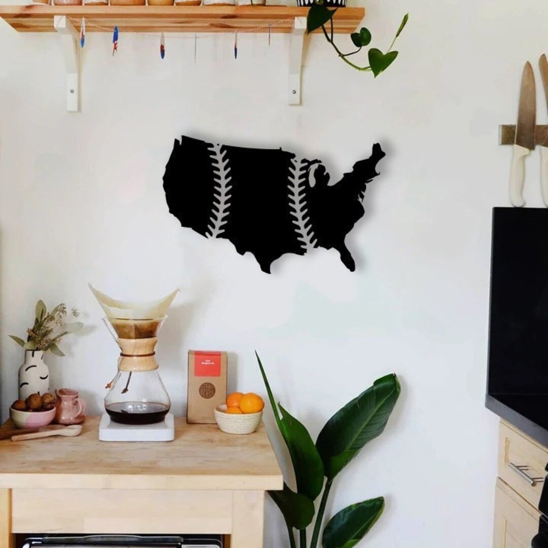 USA Map & Baseball Wood Wall Art Set of 3, Geometric United States Wall