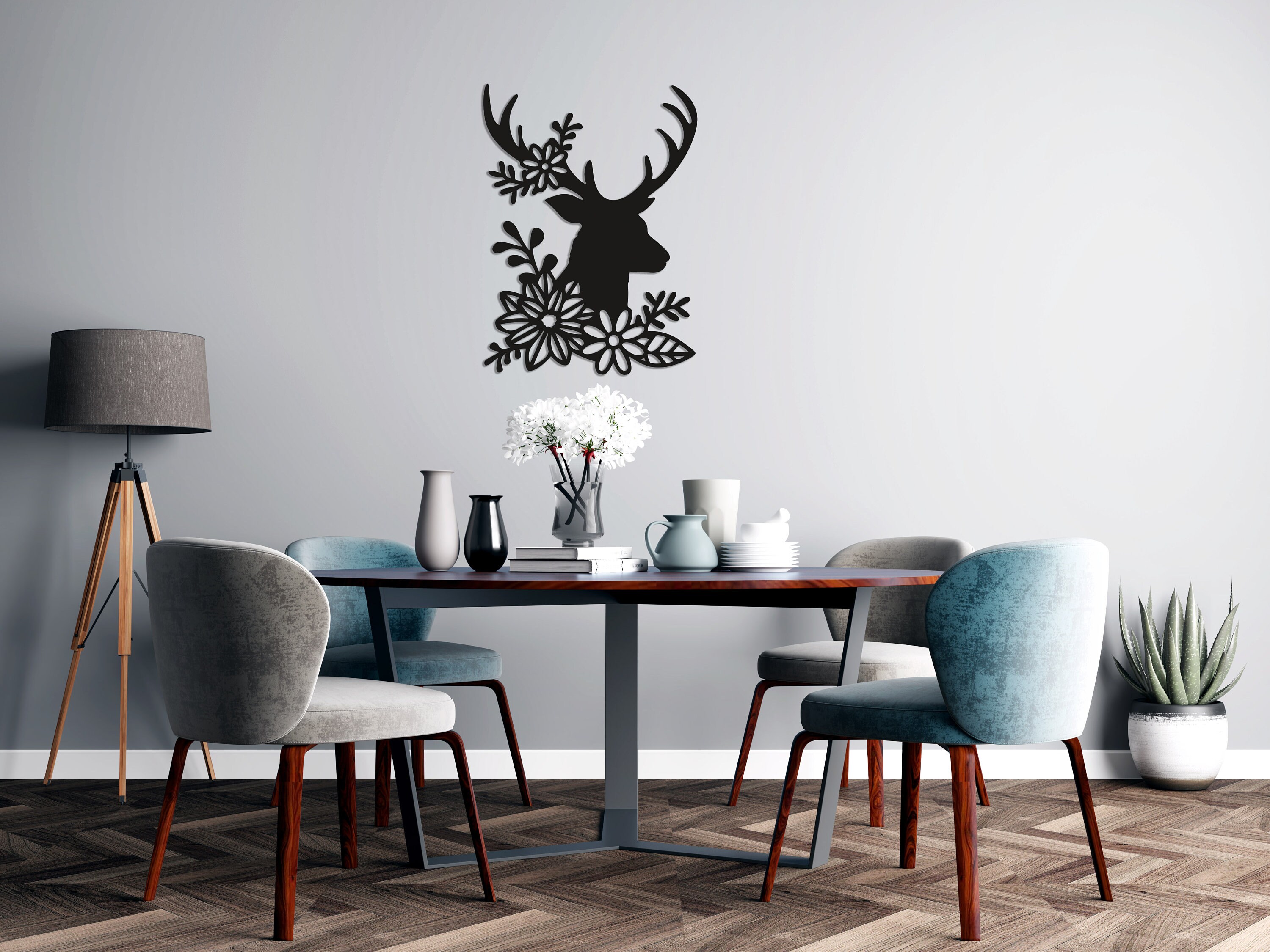 Floral Deer Wood Wall Art Wall Decor Geometric Animal Figure Etsy