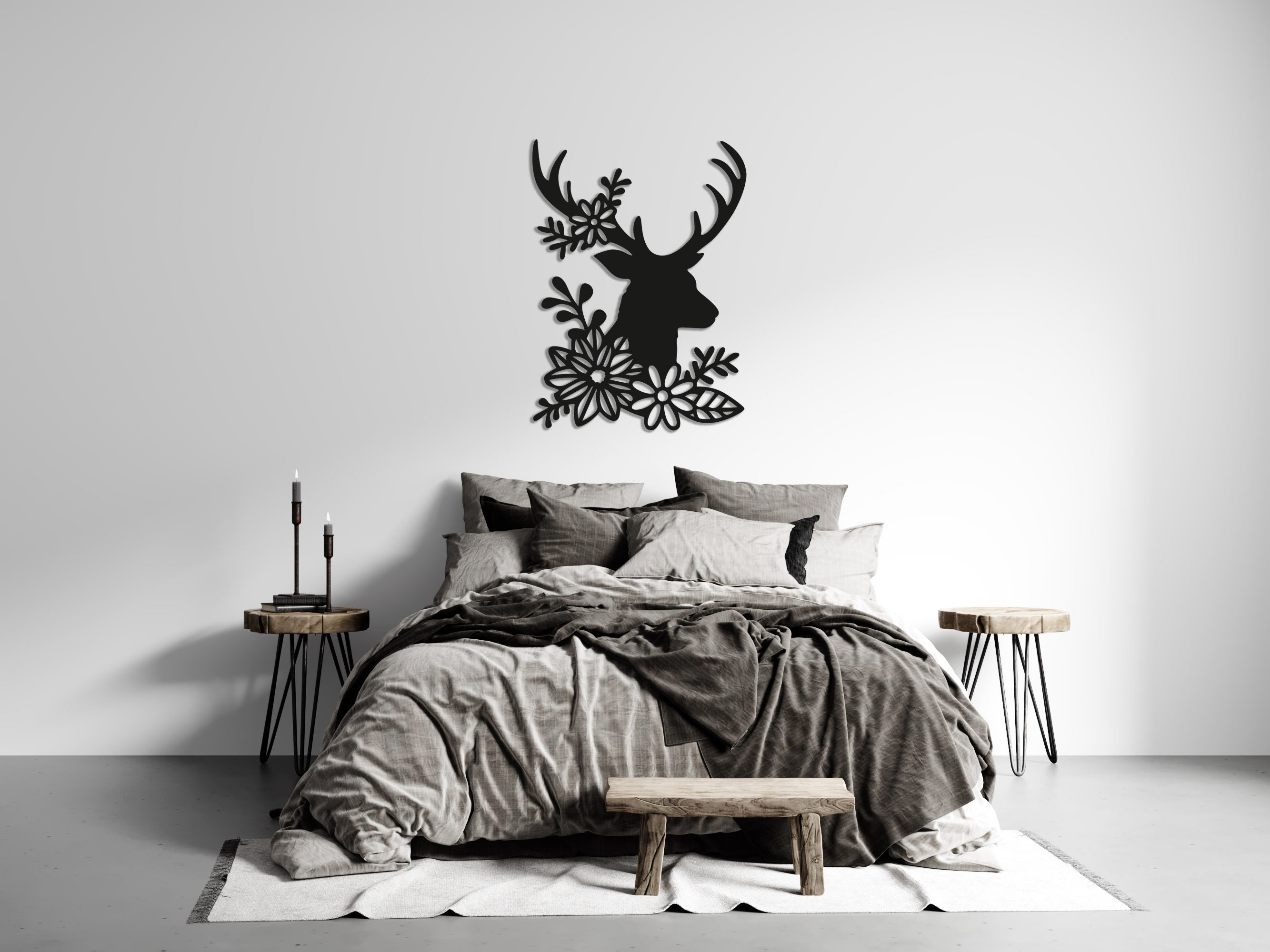 Floral Deer Wood Wall Art Wall Decor Geometric Animal Figure Etsy