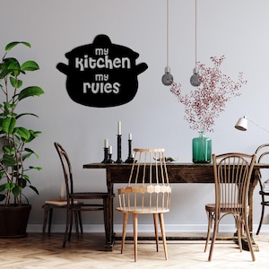 Letrero "Mi cocina, mis reglas", olla de madera 3D, arte de pared, decoración geométrica minimalista