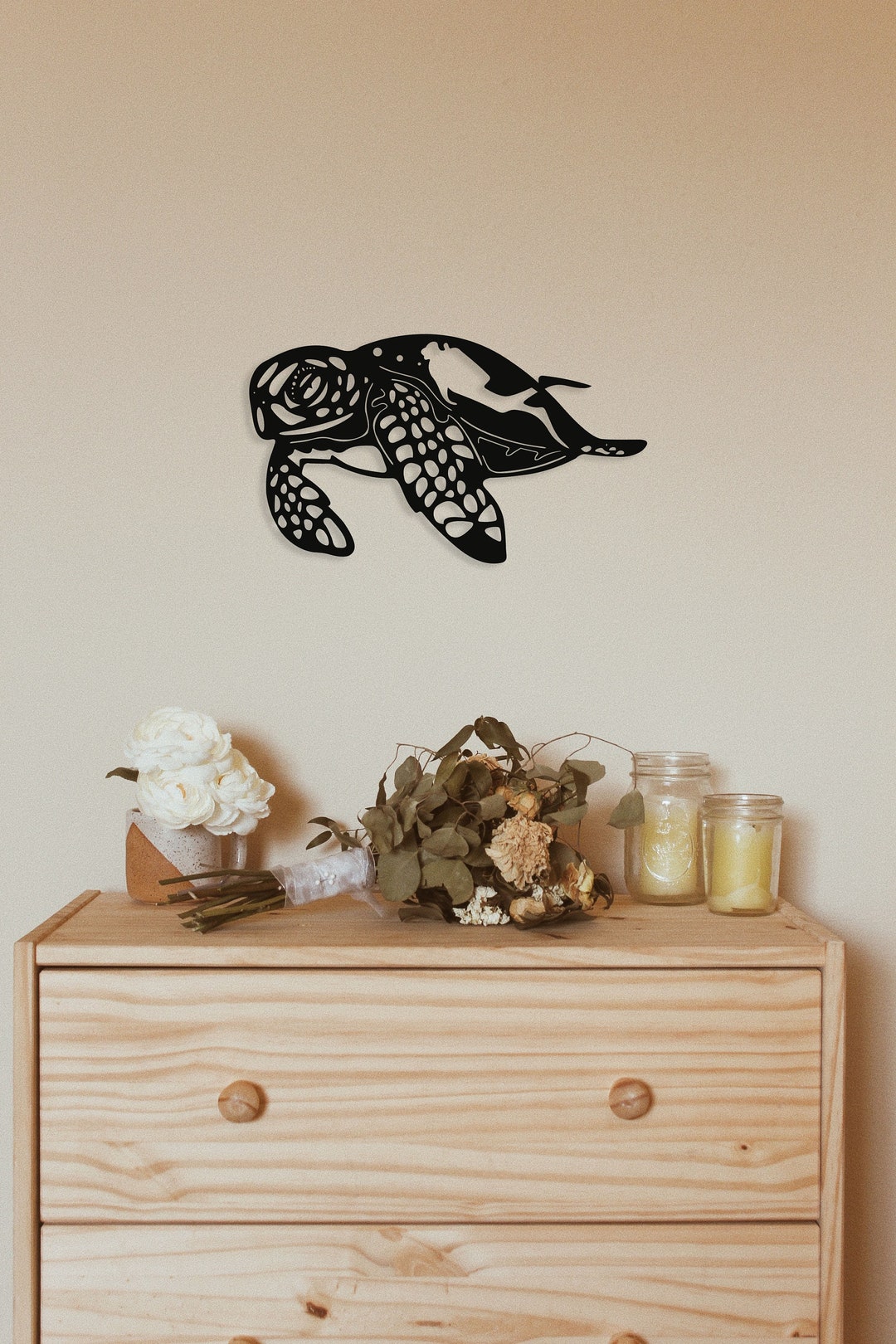 Sea Turtle Wood Wall Art With Diver Silhouette, Geometric Caretta