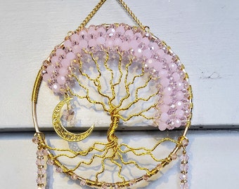 Atrapasueños Árbol de la Vida de Cristal: Arte envuelto en alambre rosa y dorado