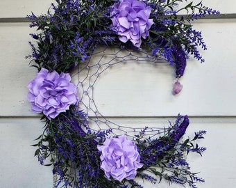 Lavender Moon Wreath. Lavender DreamCatcher. Purple DreamCatcher. Crystal wall hangin Moon Phase Wall Decor. Celestial Wreath. Moon Decor.