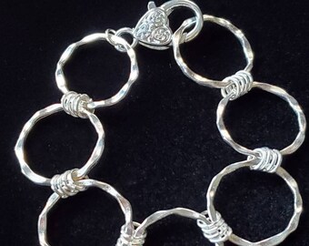 Antique Silver Tibetan Ring Charm & Chain Link Bracelet with Large Heart Clasp