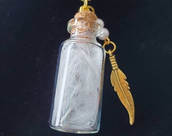 Gold & White Feather and Pearl Bottle Necklace