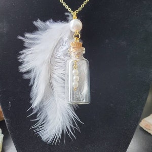Dangling White Pearl & Feather Gold Bottle Necklace