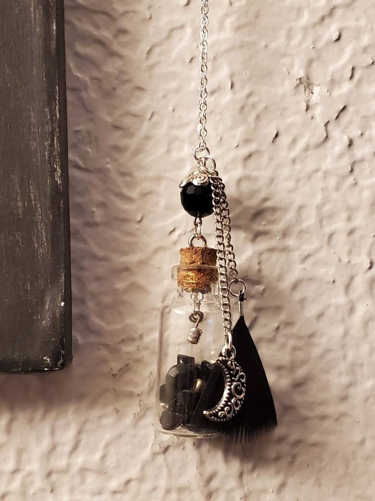 Moon & Feathers Silver and Black Gems Bottle Necklace