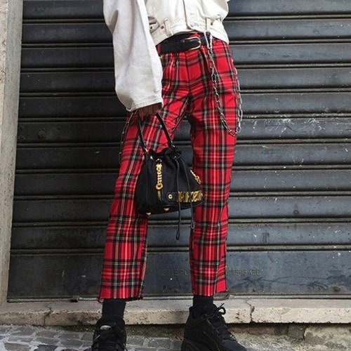 Women's Red Plaid Designed High Waisted 