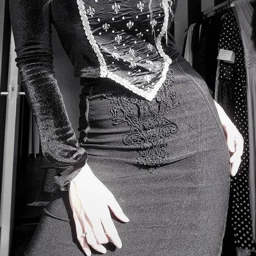 Women's High Waisted Floral & Pencil Designed, Black Bodycon Mini Skirt / Streetwear / Gothicwear / Punkwear / Harajuku / Lolita / Egirl