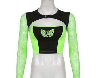 Neon green fishnet crop top clearance