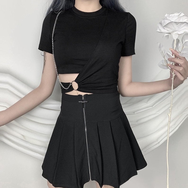 Women's Chain & Hollow Out Decorated, Sexy, Short Sleeve, Black Crop Top / Streetwear / Gothicwear / Punkwear  / Ravewear / Harajuku / Egirl 