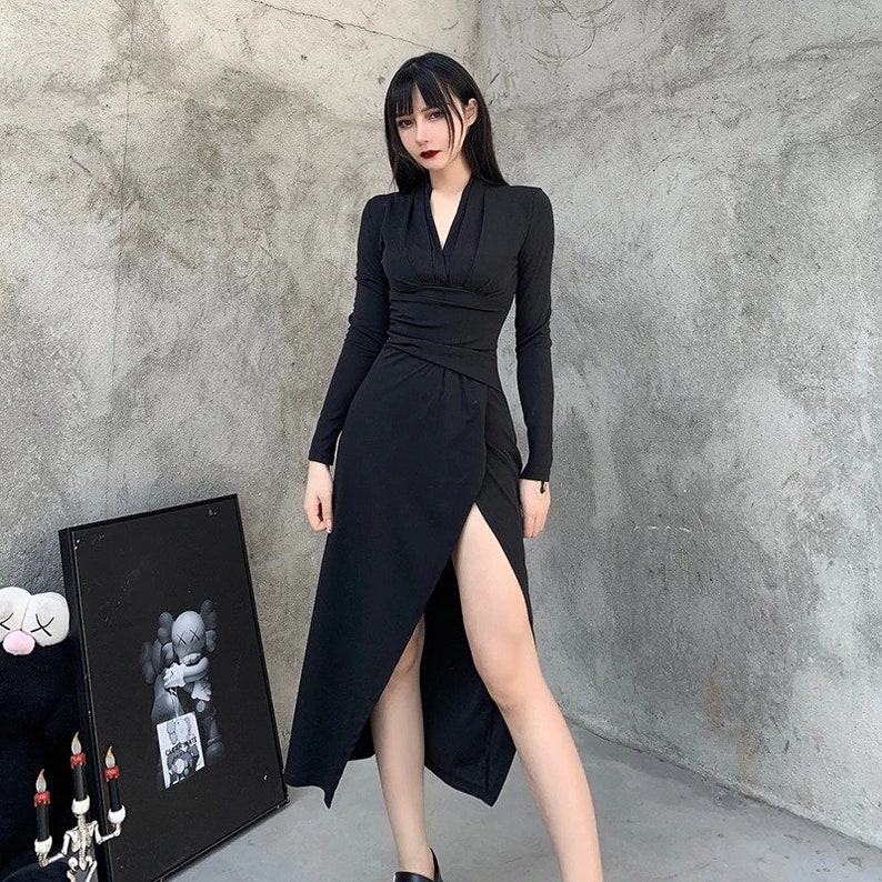 Women's Leg Slit & Long Sleeve Designed, Sexy Vintage High Waisted Black Retro Dress / Gothicwear / Streetwear / Harajuku / Vintage / Egirl 