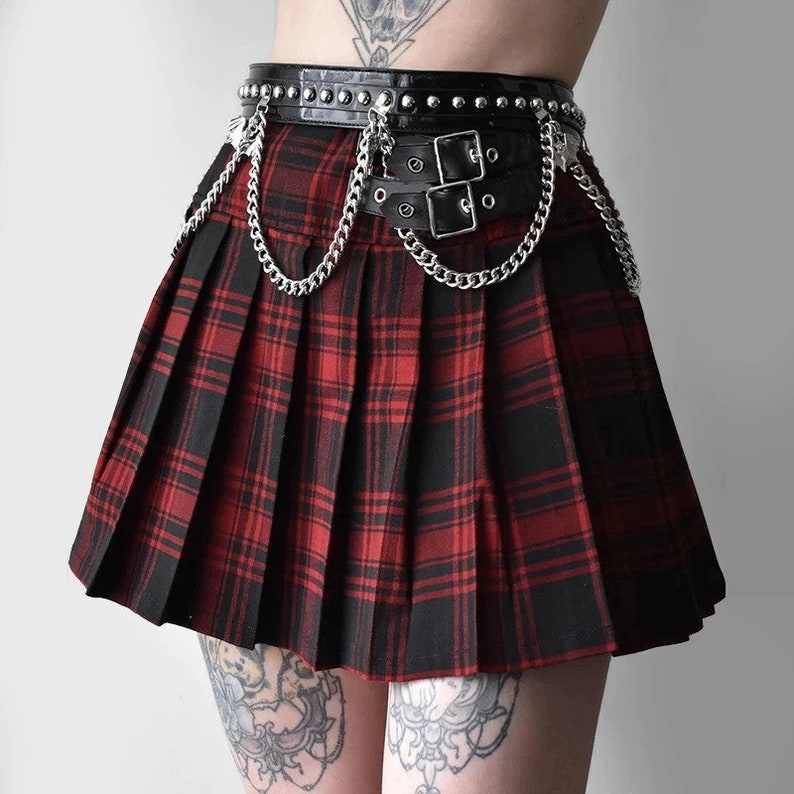 Women's Pleated & Check Plaid Designed, High Waisted, A-Line Red Mini Skirt / Streetwear / Gothicwear / Punkwear / Lolita / Egirl / Grunge 