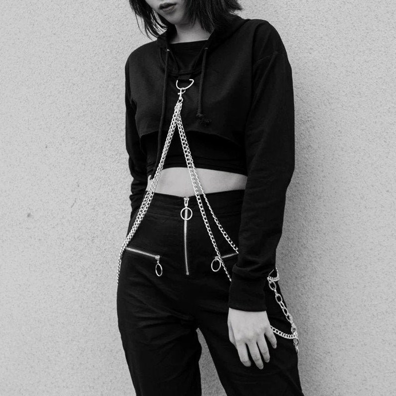 Women's Metal Chain Designed, Sexy, Black, Pullover Hooded Crop Top / Streetwear / Gothicwear / Punkwear / Ravewear / Harajuku / Egirl 