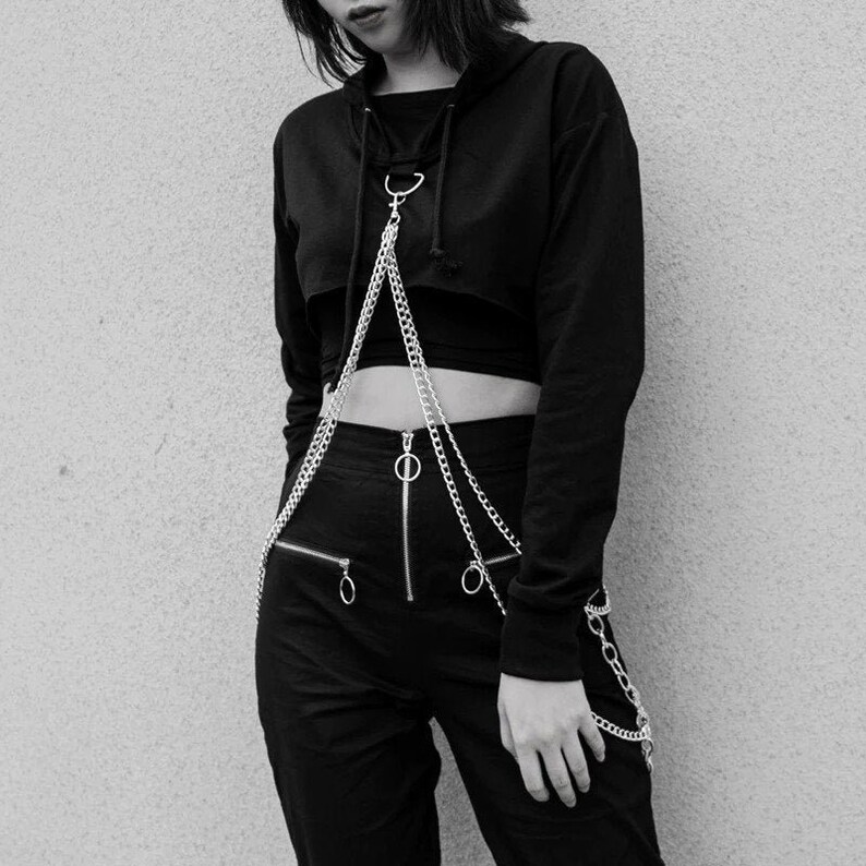 Women's Metal Chain Designed, Sexy, Black, Pullover Hooded Crop Top / Streetwear / Gothicwear / Punkwear / Ravewear / Harajuku / Egirl 