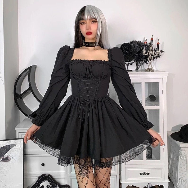 Women's Puff Sleeve Decorated, Sexy, Square Neck High Waisted Dress / Gothicwear / Vintage / Harajuku / Autumnwear / Grunge / Egirl 