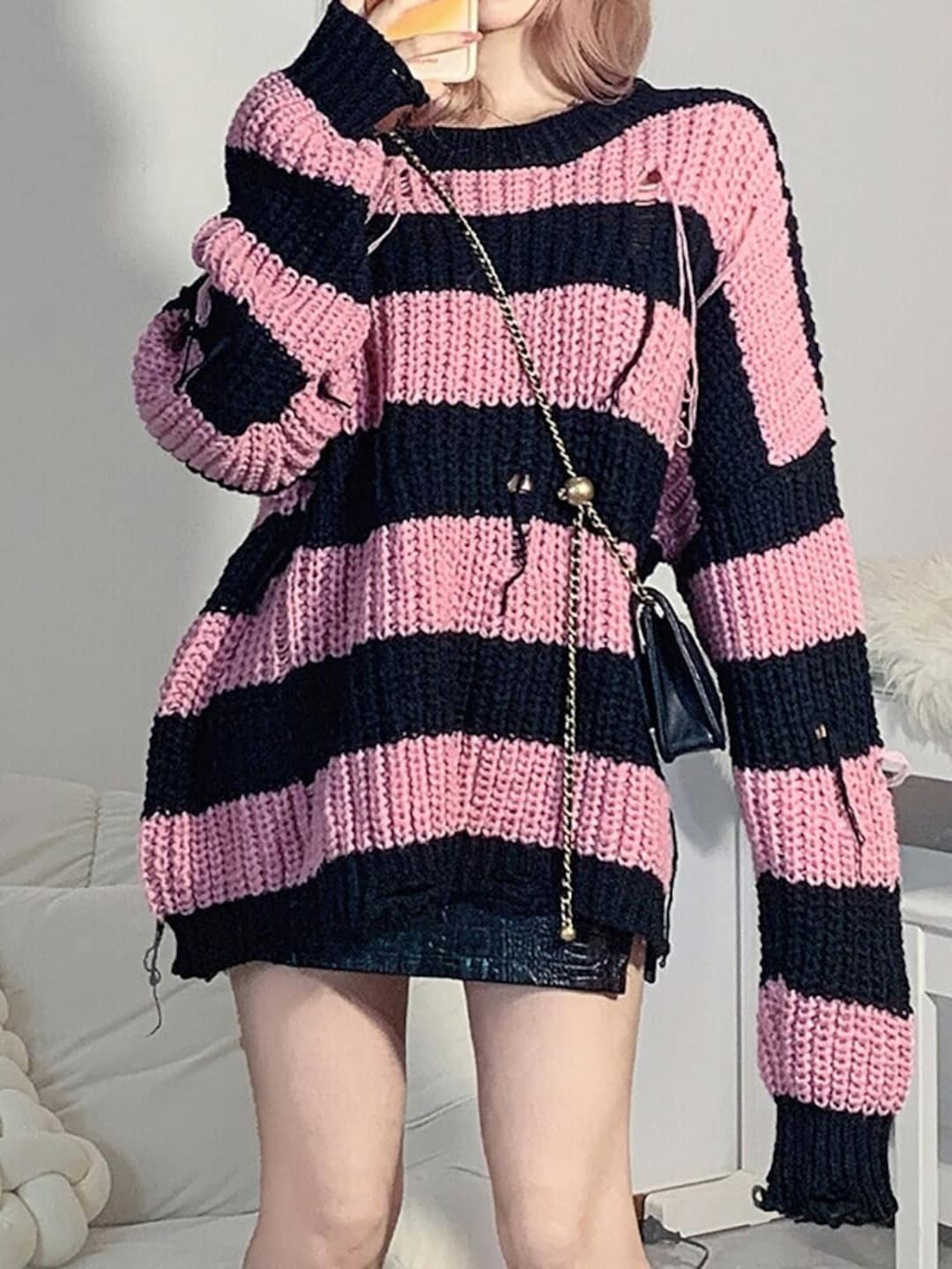 Ripped Knitted Striped Sweater / Streetwear / Gothic / Punk / Etsy