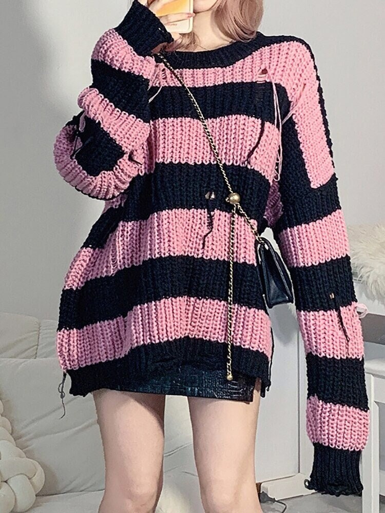 Ripped Knitted Striped Sweater / Streetwear / Gothic / Punk / - Etsy