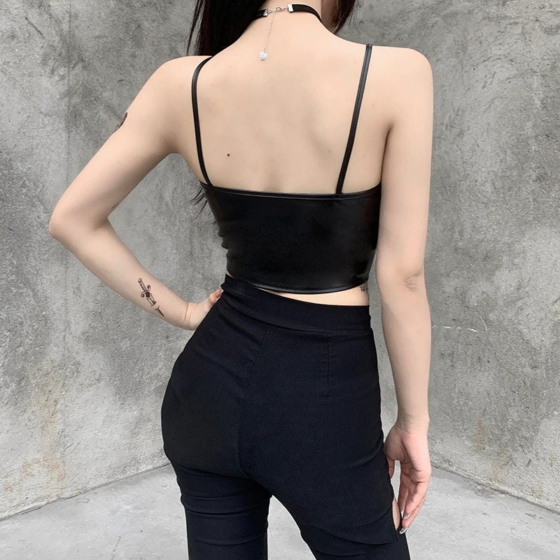 Women's PU Leather Sphagetti Strap Sexy Bodycon Cropped | Etsy