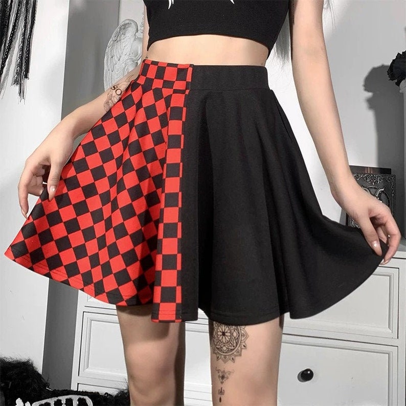 Women's Checkered Red Plaid & Patchwork Designed, High Waisted, Sexy A-Line Mini Skirt / Streetwear / Gothicwear / Y2K/Punkwear/Grunge/Egirl 