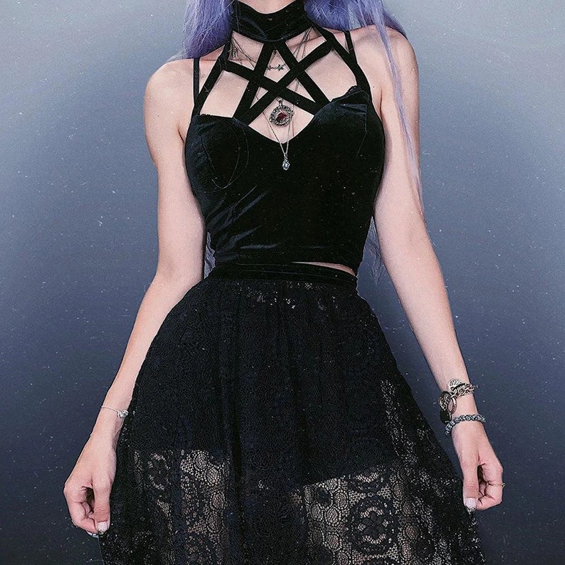 Women's Pentagram & Hollow Out Designed, Sexy, Black Bodycon, Cropped Halter Top / Streetwear / Gothicwear / Punkwear  / Ravewear 