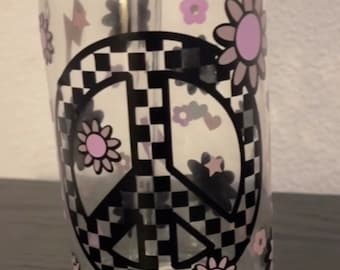 Peace and Flower Glass Can Cup