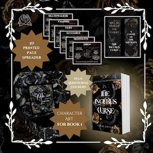 Peut inclure: Coffret de livres "The Incubus Curse" avec un livre, des illustrations de personnages, des autocollants et un séparateur de pages imprimé en 3D. La boîte présente un motif floral sombre avec des accents dorés et le nom de l'auteur, Nikki Lenno.