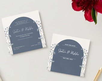 May include: Two square wedding invitations with a blue and white floral design. The top invitation says "You're invited to the wedding of Gratia & Nikki" with the date "May 2nd, 2024". The bottom invitation says "Save the Date Joten & Nifki" with the date "May 2nd, 2024".