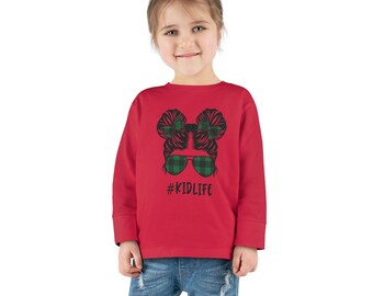 Kidlife Green Buffalo Plaid Print with White Outline Toddler Long Sleeve Tee