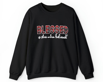 Blessed Is She Who Believed Buffalo Plaid Print Heavy Blend Crewneck Sweatshirt