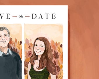Op de afbeelding: Save the Date kaart met een geschilderde illustratie van een stel voor een achtergrond van herfstbladeren. De tekst "Save the Date" staat in het zwart bovenaan de kaart.