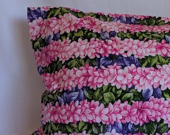 Federa nera con motivo a doppi fili di plumeria rosa / fatta a mano / cotone