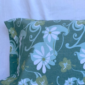 Blue Sage Pillowcase with Contemporary Pattern of Tiare Flowers and Native Hawaiian Hibiscus | Handmade | 100% Cotton