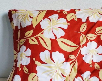 Red Pillowcase with White Hibiscus | Handmade