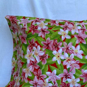 Red Pillowcase with Pink and White Plumerias | Handmade | 100% Cotton