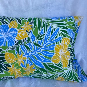 Vibrant Large Print Tropical Flowers & Foliage Pillowcase | Green, Blue, Yellow, White | Handmade | Poly-Cotton