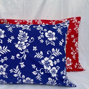 Red or Blue Pillowcases with Hibiscuses, Flowers, and Leaves | Handmade | 100% Cotton