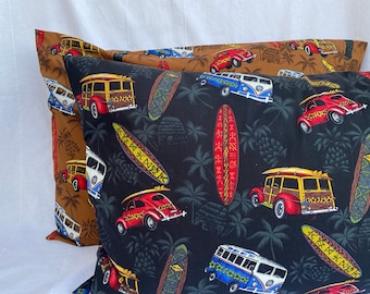 Vintage Woody Side "Woodies" auto's & surfplankpatroon kussenslopen in twee kleuren | Handgemaakt | 100% katoen