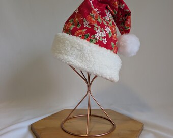 Cappello di Babbo Natale rosso con ibisco verde e bianco, plumeria e uccello del paradiso / Fatto a mano / 100% cotone / Stampa hawaiana/Aloha