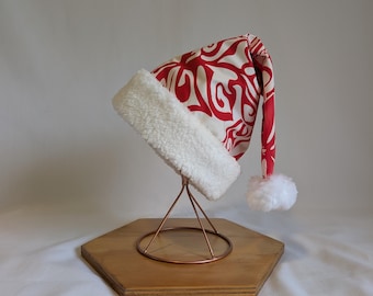 Cappello da Babbo Natale rosso con motivo tribale polinesiano bianco e fogliame / Fatto a mano / 100% cotone / Stampa hawaiana/Aloha