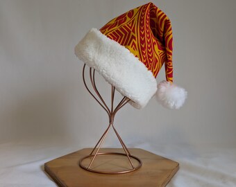 Cappello da Babbo Natale rosso con motivo tribale polinesiano giallo / Fatto a mano / 100% cotone / Stampa hawaiana/Aloha