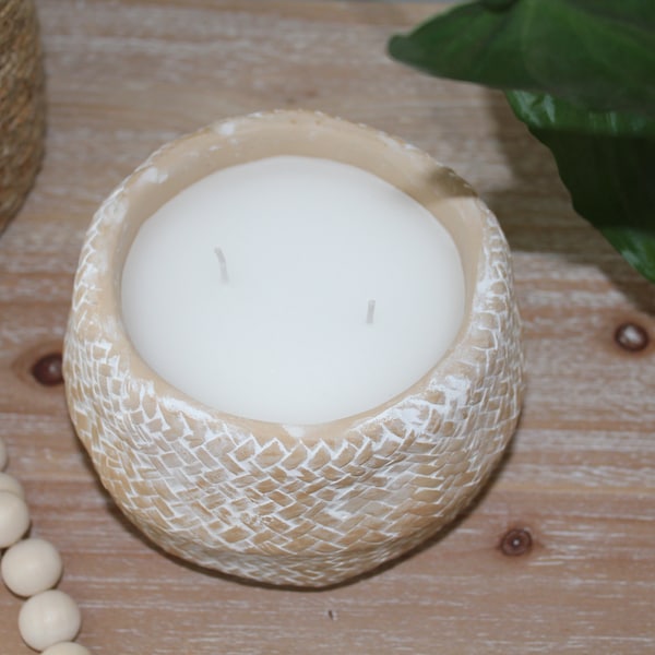 Large Candle Pot, Double Wick Candle, Fresh Candle, White Washed Pot,  Rattan Concrete Planter, Bamboo Breeze Scented Candle, Candle Gift