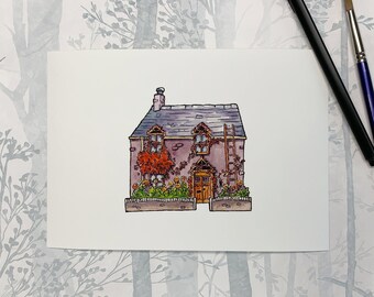 May include: Watercolour painting of a small pink cottage with a brown door and a grey roof. The cottage has a small window on each side of the door and a ladder on the right side. There are green bushes and flowers in front of the cottage.
